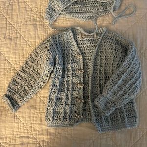 Hand-stitched blue sweater and hat